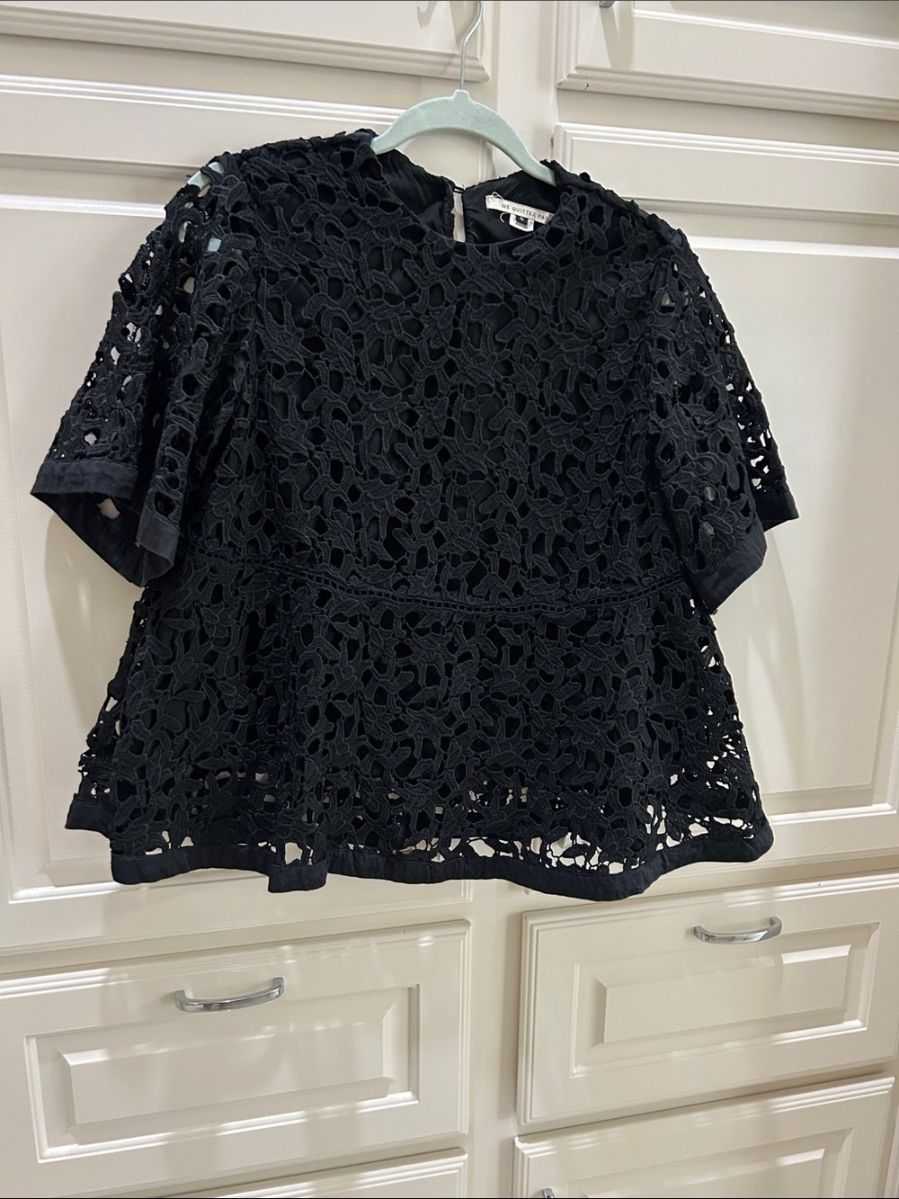 ne Quittez pas Black Cutwork Lace Peplum Blouse Sheer Crochet Boho Top small